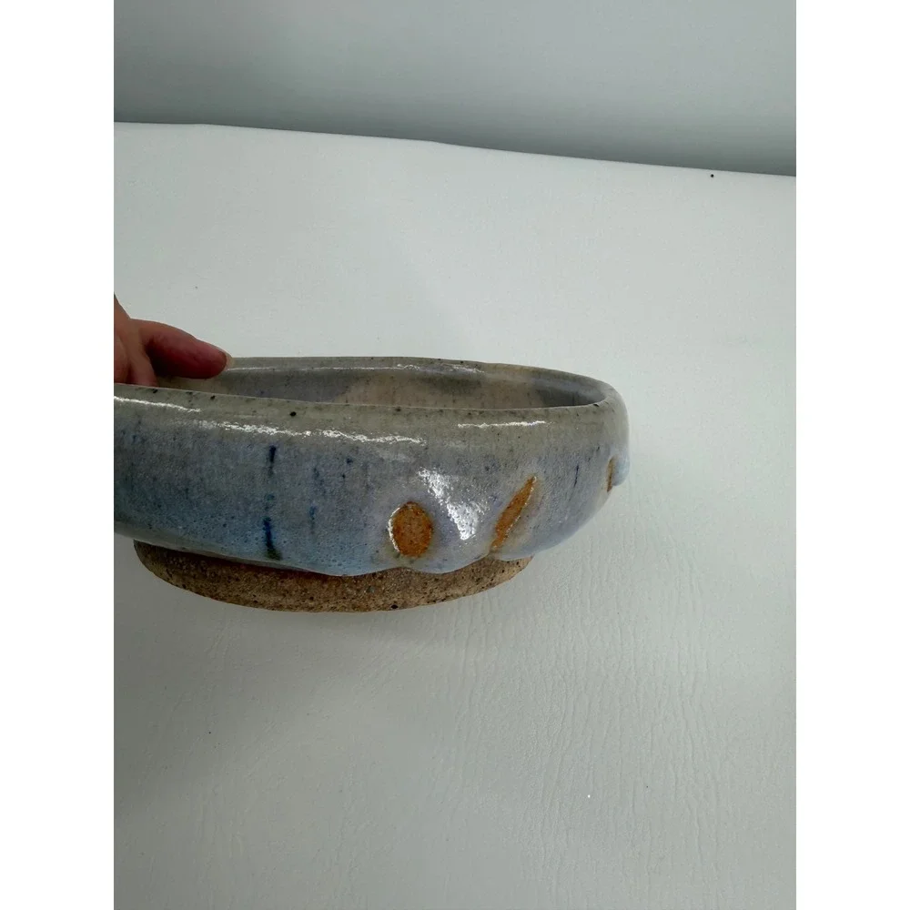 Studio Pottery Bowl Dish Blue Gray Abstract Reactive Glaze Artisan Home Decor